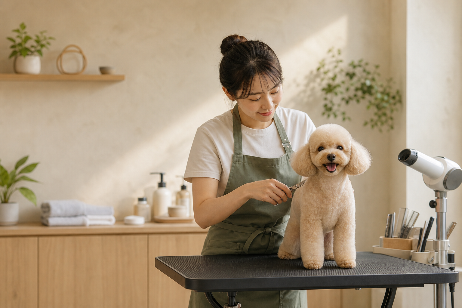 美容師在明亮整潔的寵物美容空間裡，細心替貴賓犬整理毛髮